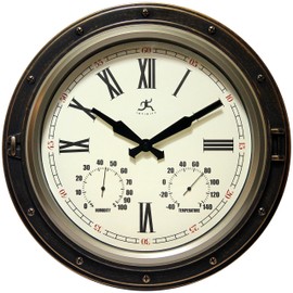 Infinity Instruments Forecaster Indoor/Outdoor Wall Clock, Thermometer, Hygrometer combo, Stylish Durable Waterproof Weather Station for your Home, 16 Inch, Bronze