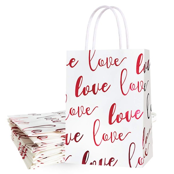 12Pcs Mothers Day Gift Bags, Love Theme Paper Bags with Handle for Valentines Day, Wedding, Father's Day, Sweetest Day or Any Occasion Holiday Bags for Gifts