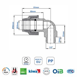 SmartProduct SmartProduct PP Winkel 90 grad mit Außengewinde 25mm x 1/2 Zoll Verschraubung für PE Rohr PN16 DVGW Trinkwasser zertifiziert – 25 mm Klemmverbinder Kupplung für PE80 PE100 Rohren - 2 Stück