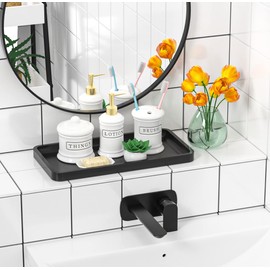 Bathroom Vanity Tray for Countertop - Bamboo Organizer Tray for Dresser Tops, Toilet, Perfume Small Decorative Wood Tray for Home Decoration 11.4” L x 6.1” W x 0.7” H (Black)