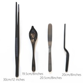 4 Pcs Stainless Steel Kitchen Chef Cooking Tweezers Precision Tongs Drawing Spoons Offset Spatula Set for Professional Chef Food Culinary Plating Decorating (Black)