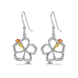 Hibiscus Earrings Sterling Silver Hawaiian Flower Earrings Dangle Tropical Hibiscus Jewellery for Women