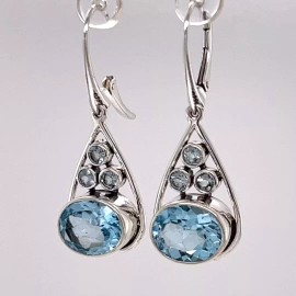 Amber America Facetted BLUE TOPAZ Oval Drop Pear Earrings 925 STERLING SILVER - Leverback #13