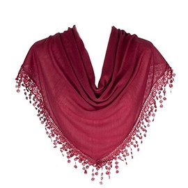 Hat To Socks Triangle Scarf with Bobbin Lace Fringes for Women (Wine Red)