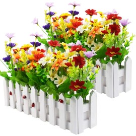 XONOR Artificial Flower Plants - Mixed Color Daisies in Picket Fence Pot for ...