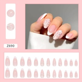 White French Tip Press on Nails,Long Almond Fake Nails with Flower Pearl Design,Summer Glossy Nude False Nails,Reusable Full Cover Stick on Nails for Women Artificial Acrylic Nails Glue on Nails