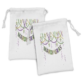 Ambesonne Mardi Gras Fabric Pouch Set of 2, Design with Fleur De Lis Hanging from Colorful Beads, Small Drawstring Bag for Toiletries Masks and Favors, 9" x 6", Purple Green Yellow