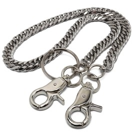 Silver KYASYA Stainless Steel Double Curb Wallet Chain, 0.4 inch (9 mm) Wide, Grooved Hook, Men's, Double Clip, Wallet String, Heavy Wallet, Chain, Anti-Theft