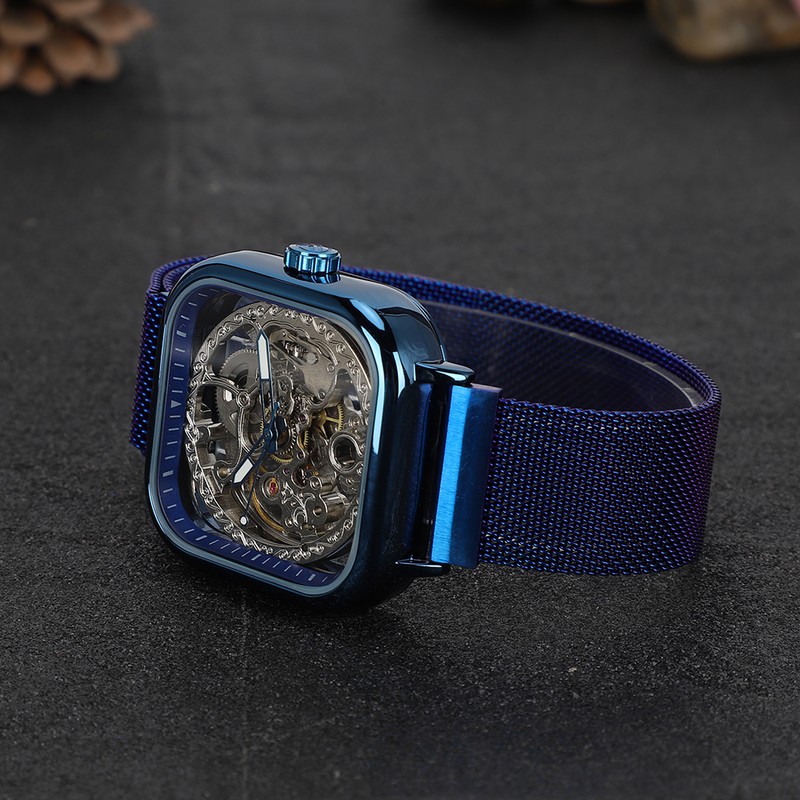 FORSINING Stainless Steel Strap Waterproof Hollow Automatic Mechanical Men WatchBlue