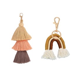 ChungLong0593 2 Pcs Boho Rainbow Keychains Pom Pom Colorful Tassel Macrame Keyrings for Women-Coffee