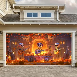 HOMETITUTE 6x13ft Day of the Dead Garage Door Cover Banner Skeleton Band Altar Marigold Papel Picado Hanging Photo Background Decor Indoor Outdoor Garage Party Decorations Seasonal Wall Display