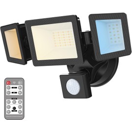 LED Security Lights Motion Sensor, 36W 3000LM Flood Lights Outdoor Motion Sensor with Remote, Dimmable Brightness 3000K-6000K CCT IP65 3 Heads Outdoor Security Light for House Garage Yard 1 Pack