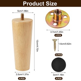 Pack of 4 Wooden Furniture Legs, 12 cm Furniture Feet Replacement, Table Legs, Solid Wood with Screws, Mounting Plate and Rubber Pads, Wooden Legs for Furniture, Wooden Feet Furniture, for Table,