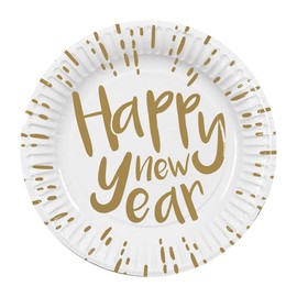 Boland Happy New Year Paper Plates, Pack of 10, 23cm, Eco Friendly, Biodegradable, New Year's Eve Partyware, Plates for New Year's Eve, White and Gold (23cm)