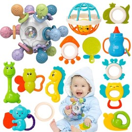 Juguetes para Bebe de 0 a 6 Meses, kit 14 Piezas, Bebé Agarre Sonajero 13 pcs + Sonajas Artesanales, Sonajero Juego De Juguetes, Juguetes Sensoriales y Estimulacion Temprana, Regalos para Bebe