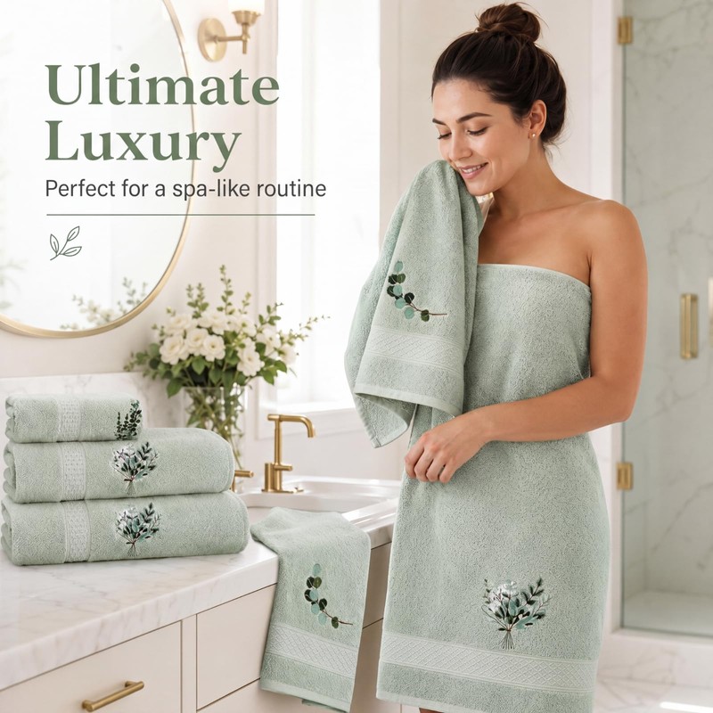 Peryiter 6 Pack Eucalyptus Leaves Bath Towels Set, Sage Green