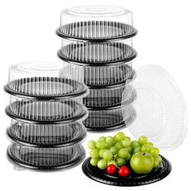SHUESS 10 Pack Plastic Serving Tray with Lid, 12" Disposable Plastic Party Platters with Clear Dome Lids, Stackable Black Round Food Serving Trays for Fruit Sandwich Tray Party Takeout Food