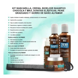 Kit Chocolat Max Para Cabello Seco Dañado y Procesado con Queratina - Shampoo Mascarilla Crema y Bioelixir NEFERTITI + Peine Gorro de Baño y Ligas ALF