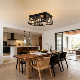 4-Light Farmhouse Ceiling Light,Rustic Flush Mount Industrial Square Shape Ceiling Light Fixture,Black Cage Style,Deer Pine Tree Silhouettes,For Living Room Bedroom Dinning Room Entryway Kitchen