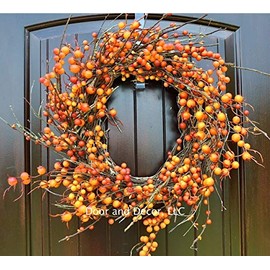 Thanksgiving and Fall Orange Berry Wreath on Grapevine Base in 22 Inch Diameter
