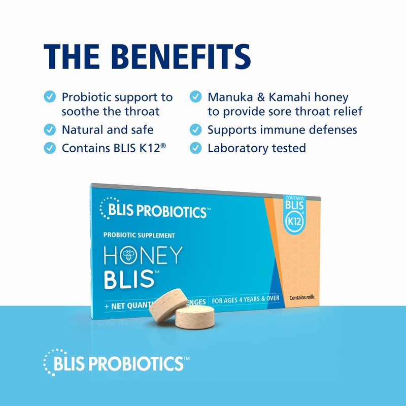 BLIS HoneyBlis Oral Probiotic Throat Lozenges - Manuka Honey, K12,