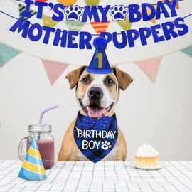 STMK Dog Birthday Decorations, Multi Sizes Dog Birthday Hat Dog Birthday Bandana Boy Bow Tie Birthday Numbers It’s My Bday Mother Puppers Banner for Medium Large Dogs Pets (Large, Blue)