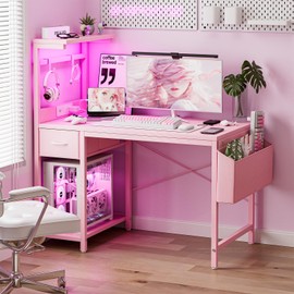 Grandder Gaming Desk 40 Inch with Power Outlet and LED Light, Computer Desk with Reversible Shelves and Storage Drawer, Pc Small Desk for Home Office Table with Bag, Carbon Fiber Pink