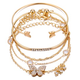 Gold Bracelets for Women Stackable Chain Bracelets Boho Butterfly Pearl Snake Chain Bracelets Set Gold Cuff Bangle Bracelets(C)