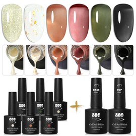 YTD Likomey Nude Gel Nail Polish Kit,Translucent Neutral 6 Colors with Base and Top Coat Set,Milky White Gold Foil Pink Green Black Jelly Sheer UV Gel Nail,8 Pcs 7.5ml