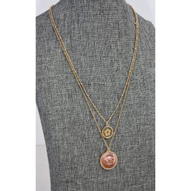 American Coin Treasures Double Chain Necklace Pig Coin Pendant with Dried Flower Charm | Saturn Style 18 and 16 Inch Goldtone Chain | Certificate of Authenticity