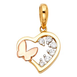 14K Gold CZ Butterfly Heart Pendant Girls Small Tiny Charm For Necklace or Chain