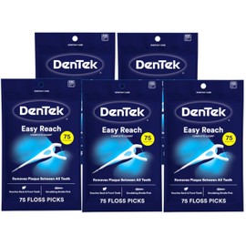 DenTek Complete Clean | Easy Reach Angled Floss Picks | No Break & No Shred Floss | Designed for Hard to Reach Molars | Y-Shaped Pick | 75 Count in Each (Pack of 5)