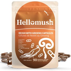 Hellomush Reishi Mushroom Capsules with Ginseng - Orangic Red Reishi Mushroom Powder Extracts for Immune Support, Antioxidant, Energy and Liver Health Support, 90 Vegan Capsules
