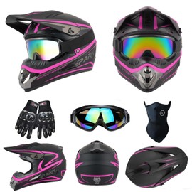 TTMiku Youth Kids Dirt Bike Helmet Motocross ATV Dirtbike BMX MX Go-Kart 4-Wheeler Quad Offroad Motorcycle Helmet Goggles Gloves Mask DOT Certified, Pink, M