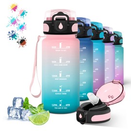 Children's Water Bottle, 500 ml, Water Bottle with Straw, Can Be Carried, Leak-Proof Water Bottle, with Time Marking, Bottle Motivation for School, Office, Running, Pink-Cyan