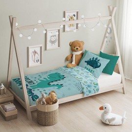 texpot Children's Bed Linen Set 100 x 135 + 40 x 60 cm with Cute Print Motifs 100% Cotton Zip Easy Care (Dino)