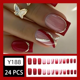 24Pcs Red Press on Nails Short Square Fake Nails French Gold Glitter Lines Designs Ombre Red Glossy Full Cover Tip Glue on Nails Artificial French Tip False Nails Stick on Nails for Acrylic Nails DIY