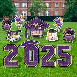 Vivantia Large 11 PCS Graduation Yard Signs, Class of 2025 Congrats Grad Outdoor Lawn Yard Sign with Stakes, Graduate Decorations Yard Decors for College High School Party, Purple and Gold