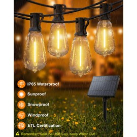 Pesken Solar String Lights Outdoor Waterproof, 54FT Patio Lights Solar Powered with Remote & USB, 10 Brightness Levels & Timer, 3 Light Modes, 15+1 ST38 LED Shatterproof Bulbs for Backyard, Camping