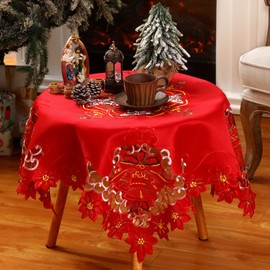 Tingjoo Christmas Poinsettia Tablecloth Topper 34" Holiday Embroidered Tablecloth Xmas Red Square Tablecloth with Gold Cutwork Flower Bell for Christmas Winter Table Coffee Table Cover Decorations