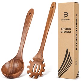 Wooden Spoons for Cooking,2 Pcs Wooden Utensil Set of Soup Ladle &Spaghetti Pasta Spoon with Teeth, Teak Wood Soup Ladle&Slotted Pasta Fork Strainer Spoon Set for Serving Collecting Noodle Gravy Sauce