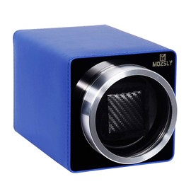 MOZSLY Watch Winder for Automatic Watches Single with Quiet Motor 12 Rotation Mode Setting AC Adapter Battery Powered Dark Blue Leather