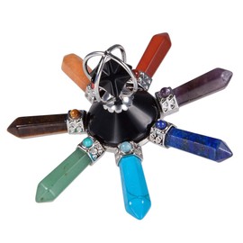 Nupuyai 7 Chakra Energy Generator Reiki Healing Crystal Point Pyramid Conical Tower with Merkaba Star Stone, Black Obsidian
