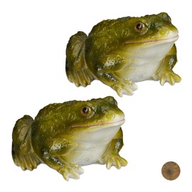 Relaxdays 2 x Garden Figurine Frog Weatherproof for Balcony, Patio, Pond, Artificial Stone, Sitting Decorative Frog, Green