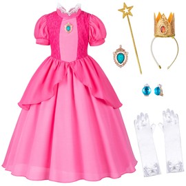 Pink Princess Dress for Girls, Kids Princess costume with Crown Gloves Wand Earrings 10-11 Years