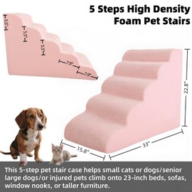 5 Step Pet Stairs Ramp for High Beds Sofas 23-30 Inch with Sturdy Non Slip Waterproof Pads, Machine Washable Cover Indoor Balanced Design for Cats Dogs Small Medium Large XL Pets Pink, Large