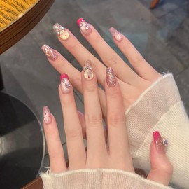 [NEURAD]ネイルチップ ミディアム 30枚入マグネットタイプ スイートフレンチ ピンドット×グリッター×クリスタル ハンドメイド付け爪ネイル 人気 和風 かわいい 成人式 入学式 卒業式 結婚式 花嫁ネイル