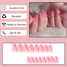 Ceboic Square False Nails Short, 24Pcs Pink Gradient French Press on Nails, Ballerina Trendy Fake Nails with Designs, Artificial Acrylic Stick on Nails for Women and Girls Nails Art
