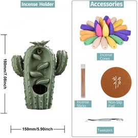 Cute Cactus Backflow Incense Burner, Green Ceramic Incense Holder Waterfall Incense Burner Cone Stick Holder for Home Decor Gift, 20pcs Incense Cones+30 Incense Sticks+1 Tweezer+1 Mat (Cactus A)