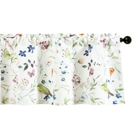 Leeva Colorful Flower Print Kitchen Valance, Elegant Farmhouse Bird Design Curtain Drapes for Living Room, Rod Pocket Faux Linen Window Valances for Bedroom, 60 x 18